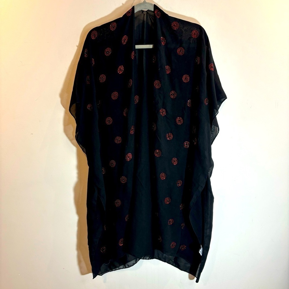 JESSICA MCCLINTOCK Red Rhinestone Circles Black Beads Beach Coverup Kimono